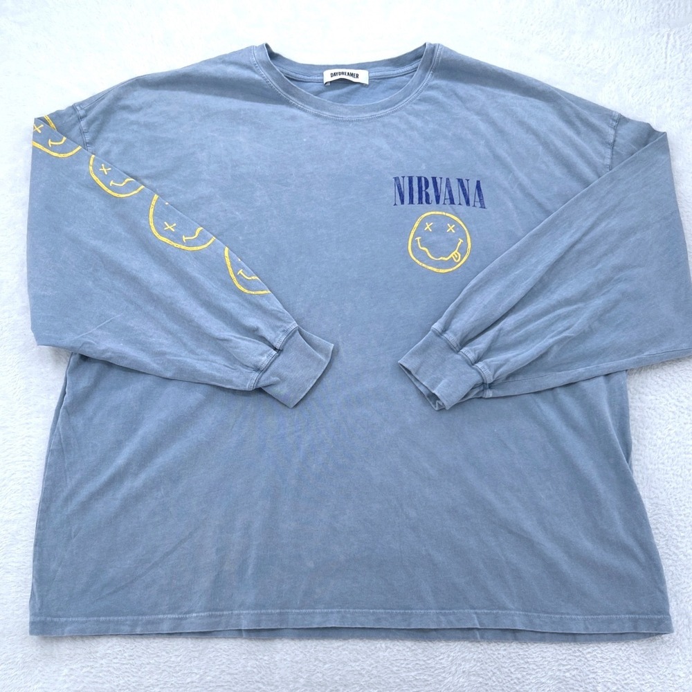 Daydreamer Womens Nirvana Graphic Tee OS Blue Long Sleeve 1993 Tour Smiley Face